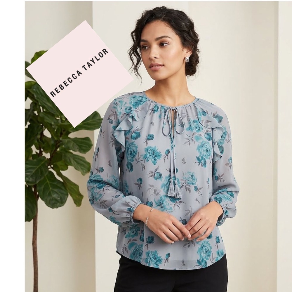 Rebecca Taylor Blue Floral 100% Silk Ruffle Tassel Tie Blouse Top Size 4 Cottage